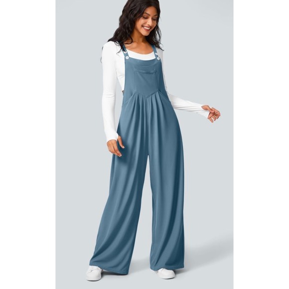 Halara Adjustable Strap Button Pockets Waffle Knit Wide Leg Overalls Blue L NEW - Picture 2 of 11